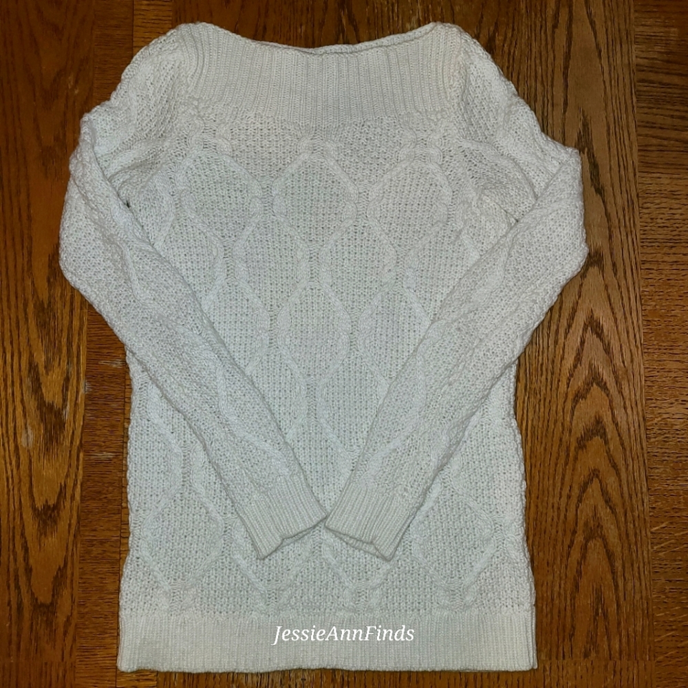 LOFT White Wool Blend Very Soft Cable Knit Boat Neckline Sweater Size XS